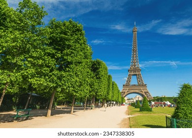 Paris Eiffel Tower and Champ de Mars in Paris, France