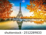 Paris Eiffel Tower and river Seine with sunrise in Paris, France at fall day. Eiffel Tower is one of the most iconic landmarks of Paris.