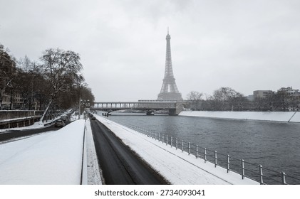 Paris and the Eiffel Tower with snow