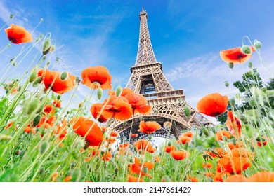 Paris Eiffel Tower With Summer Flowers In Paris, France. Eiffel Tower Is One Of The Most Iconic Landmarks Of Paris.