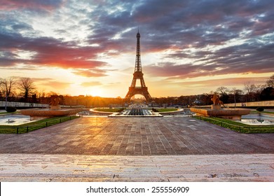 Paris, Eiffel Tower At Sunrise.