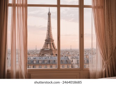 Paris eiffel tower view from the window in the hotel room - Powered by Shutterstock