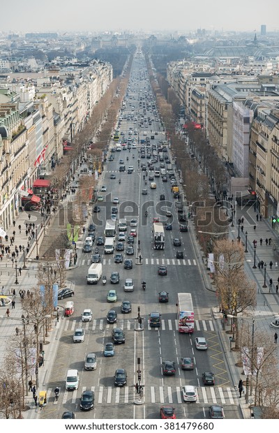 PARIS - FEB\
3: air pollution and traffic jam at Champs-Elysees Avenue on 3\
February, 2014 in Paris, France. Paris has the worst traffic jams\
in Europe, especially during the rush\
hours.