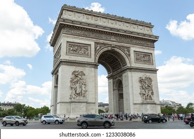 Paris France 02 June 2018: : The Triumphal Arch De L Etoile Arc De Triomphe . The Monument Was Designed By Jean Chalgrin In 1806 In Paris