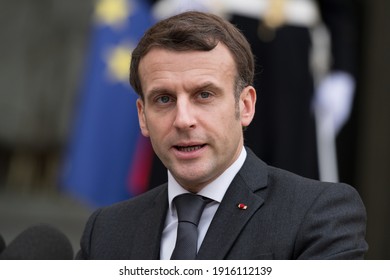 Paris, FRANCE - 03th february 2021 : The French president Emmanuel Macron in press conference in the courtyard of the Elysée with the Prime minister of Slovakia.