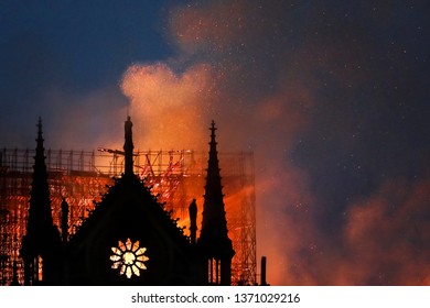 Paris, France - 04-15-2019: Huge fire sweeps through Notre Dame Cathedral
