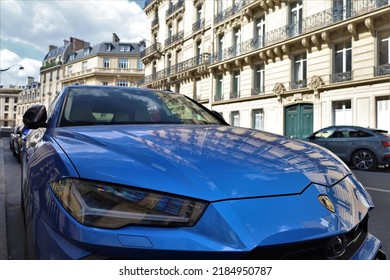 Paris, France 07 30 2022 , Lamborghini Blue SUV In The Streets