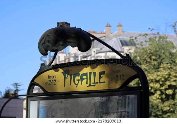 Paris, France - 08.07.2022: The famous Paris\
Metro sign designed by Hector\
Guimard