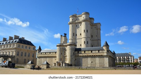 PARIS FRANCE 09 23 2019: The Chateau de Vincennes is a massive 14th and 17th century French royal fortress in the donjon tower, 52 meters high, the tallest medieval fortified structure of Europe