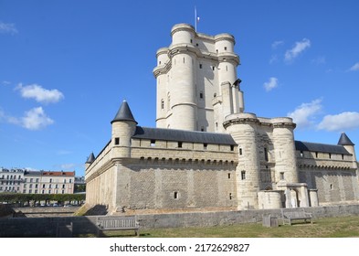 PARIS FRANCE 09 23 2019: The Chateau de Vincennes is a massive 14th and 17th century French royal fortress in the donjon tower, 52 meters high, the tallest medieval fortified structure of Europe