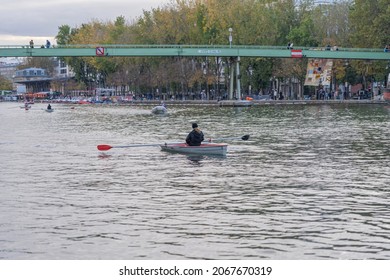 Paris, France - 10 23 2021: Woman Rower On The Ourcq Canal