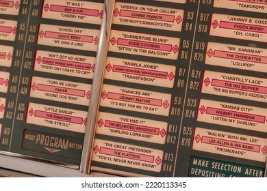 Paris, France - 10 30 2022 : Close Up On The Track List Of A Wurlitzer 1100 Jukebox. A Vintage Jukebox With Legendary Rock Songs From The 50s.