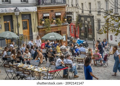 Paris, France - 11 September, 2021 - People Dining Outside On Émile-Goudeau Square During Lunch Time.