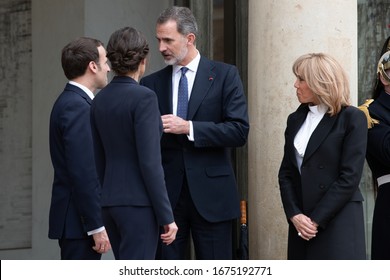 Paris, FRANCE - 11th March 2020 : The French presidential couple Emmanuel and Brigitte Macron with King Felipe VI of Spain and Letizia of Spain (Letizia Ortiz) for a lunch at Elysée Palace.