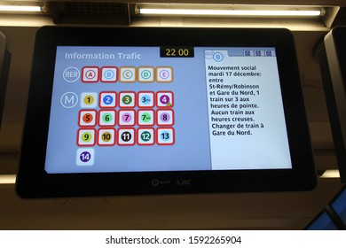 Paris, France: 12/16/2019: Information Screen At The Gare De Lyon Station. All The Metro Lines With A Red Out Line Are Not Currently On Service Due To The National Strike.