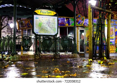 PARIS, FRANCE - 12th Of OCTOBER 2012: Abbesses Subway Station By Night In Rain. October 12th, 2012. Paris, France.