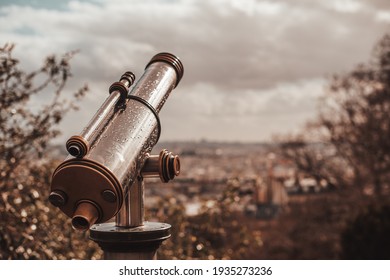 Paris, France 13-03-2021: mini telescope for a view of Paris