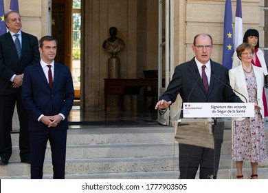 Paris, FRANCE - 13th july 2020 : Prime minister Jean Castex with Ministry of Solidarity and health Olivier Véran in press conference to speak about Ségur de la Santé agreement at Hôtel de Matignon.