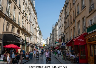 Paris France, 14 July 2018: Rue Montorgueil Pedestrian Street View In Paris France During Summer With Tourists And Parisian People