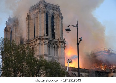 PARIS, FRANCE - 15 April 2019: The Notre Dame Cathedral on fire.
