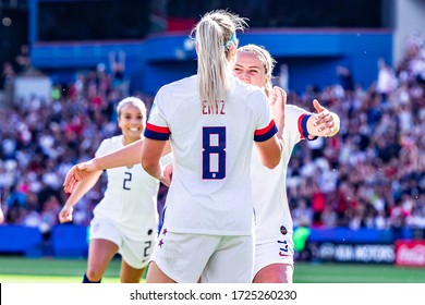 PARIS, FRANCE - 16 JUNE, 2019: Julie Ertz Of USA Celebrates A Goal With Lindsey Horan During The 2019 FIFA Women's World Cup Match Between USA And Chile.