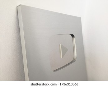 PARIS / FRANCE - 18 MAY 2020: Silver YouTube Play Button Creator Award For 100,000 Subscribers