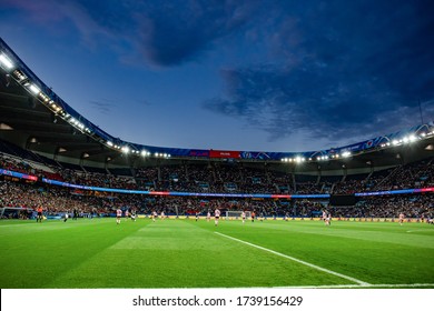 PARIS, FRANCE - 19 JUNE, 2019: A general view of the Parc des Princes stadium at night during the 2019 FIFA Women's World Cup match between Scotland and Argentina.
