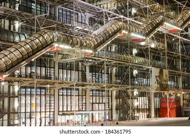 PARIS, FRANCE - 19TH MARCH 2014: The outside of the Centre Georges Pompidou in Paris at night showing the modern design of the building
