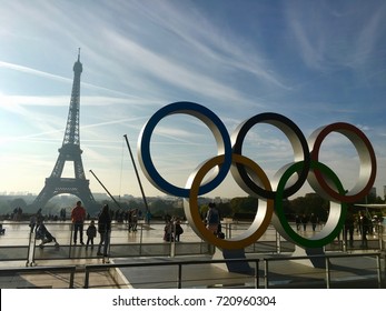 Paris France, 23 September 2017: Olympic Games Symbol On Trocadero Place In Front Of The Eiffel Tower Celebrating Paris 2024 Summer Olympics