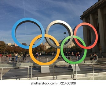 Paris France, 23 September 2017: Olympic Games Symbol On Trocadero Place Celebrating Paris 2024 Summer Olympics