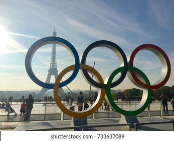 Paris France, 23 September 2017: Olympic Games Symbol On Trocadero Place In Front Of The Eiffel Tower Celebrating Paris 2024 Summer Olympics