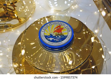 PARIS, FRANCE -24 DEC 2019- View Of Luxury Expensive Black Sturgeon Caviar Tins At The Petrossian Store In Paris, France.