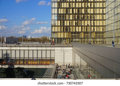 PARIS, FRANCE -27 MAR 2017- Built in 1995, the landmark glass building Bibliotheque Nationale Francois Mitterrand in Paris was designed by French architect Dominique Perrault as four open books. - Shutterstock ID 730743307