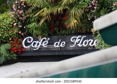 Paris, France - 27.06.2021: Signboard On The Famous Café De Flore On Boulevard Saint-Germain In Paris