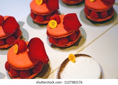 PARIS, FRANCE -28 JUN 2018- Display Of Colorful Gourmet French Pastries At Fashionable Pierre Herme Pastry Shop In Paris.