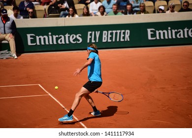 Paris, France - 29 May 2019: Stefanos Tsitsipas Playing Hugo Dellien In 2nd Round On Court Simonne Mathieu At Roland Garros