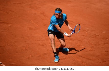 Paris, France - 29 May 2019: Stefanos Tsitsipas Playing Hugo Dellien In 2nd Round On Court Simonne Mathieu At Roland Garros