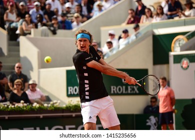 Paris, France - 3 June 2019: Germany’s Alexander Zverev Playing Italy’s Fabio Fognini In Round Of 16 Match At Roland Garros On Court Suzanne Lenglen