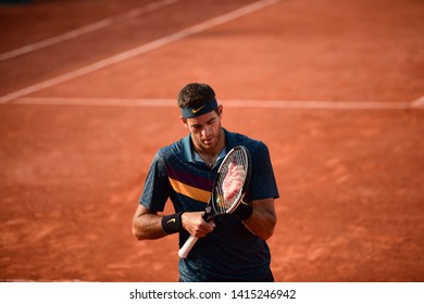 Paris, France - 3 June 2019: Argentina’s Juan Martin Del Potro Playing Russia’s Karen Khachanov In Round Of 16 Match At Roland Garros On Court Suzanne Lenglen