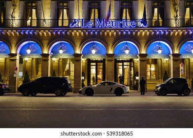 PARIS, FRANCE -5 NOV 2016- Night View Of The Hotel Meurice, A Luxury Historic Hotel Located In The First Arrondissement Of Paris On The Right Bank Next To The Tuileries Garden And The Louvre Museum.