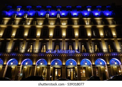 PARIS, FRANCE -5 NOV 2016- Night View Of The Hotel Meurice, A Luxury Historic Hotel Located In The First Arrondissement Of Paris On The Right Bank Next To The Tuileries Garden And The Louvre Museum.