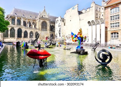PARIS, FRANCE -8 JULY 2015- The Stravinsky Fountain near the Centre Georges Pompidou (Beaubourg) by sculptors Jean Tinguely and Niki de Saint Phalle.