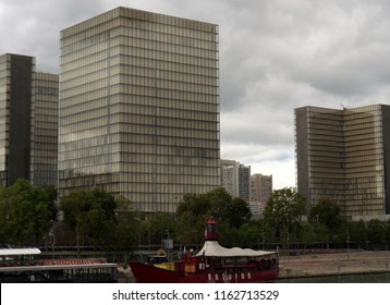 Paris, France, 8.13.2018, 12 O'clock And 5, View To Southeast, Northeast And Southwest Buildings From Bibliothèque Nationale De France (site François-Mitterrand), On Shore River Seine Former Lightship