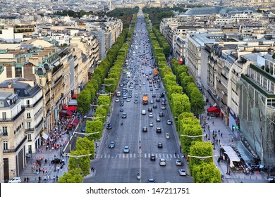 Paris, France - Aerial City View With Champs Elysees Street.