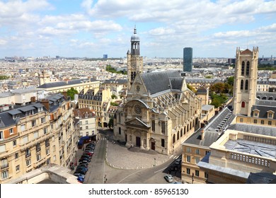 Paris, France - Aerial City View With Saint Etienne Du Mont Church. UNESCO World Heritage Site.