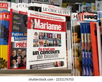 Paris, France - Apr 21, 2022: Special Edition Of Marianne Newspaper Magazine Covering The French Presidential Election Of 2022, Macron, Melenchon, Le Pen, Zemmour, Hidalgo, Pecresse, Jadot, Putou