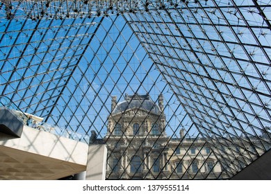 Paris, France - April 1, 2019: Inside The Famous Glass Pyramid Of Louvre