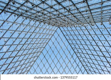 Paris, France - April 1, 2019: Inside The Famous Glass Pyramid Of Louvre