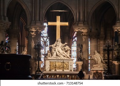 PARIS, FRANCE — April 12, 2015: The Descent from the Cross (also known as Pieta) statue by Nicolas Coustou in the choir of Notre-Dame de Paris