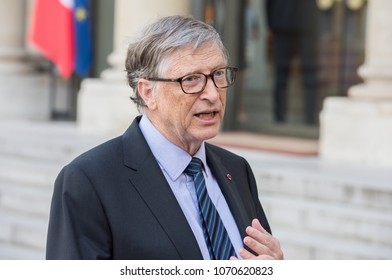 PARIS, FRANCE - APRIL 16, 2018 : Bill Gates at the Elysee Palace to encounter the french president to speak about Bill & Melinda Gates Foundation (BMGF).
